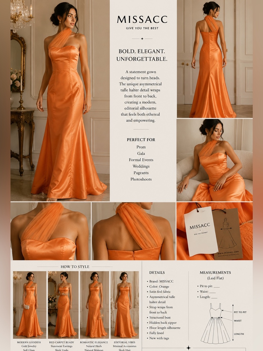 🧡 MISSACC Orange Satin Formal Gown Small Asymmetrical Tulle Dress